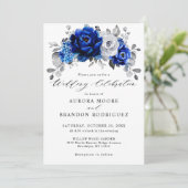 Invitation Royal Bleu Blanc Argent Métallo Mariage Floral (Debout devant)
