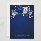 Invitation Royal Bleu Blanc Argent Métallo Mariage Floral (Dos)