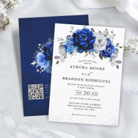 Royal Bleu Blanc Argent QR Code Floral Mariage