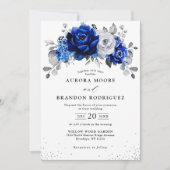 Invitation Royal Bleu Blanc Argent Tout en un Mariage Floral (Devant)