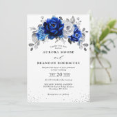 Invitation Royal Bleu Blanc Argent Tout en un Mariage Floral (Debout devant)