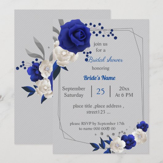 Invitation royal bleu blanc fleurs géométrique nuptiale (Devant / Derrière)