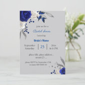 Invitation royal bleu blanc fleurs gris feuille nuptiale (Debout devant)