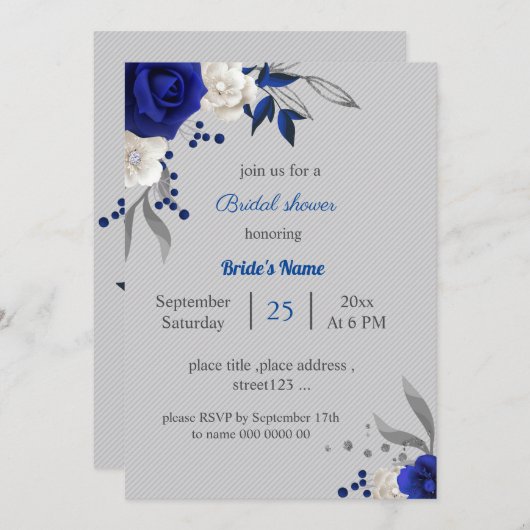Invitation royal bleu blanc fleurs gris feuille nuptiale (Devant / Derrière)