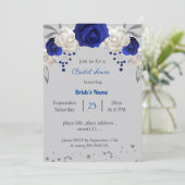 Invitation royal bleu blanc fleurs gris feuille nuptiale (Debout devant)