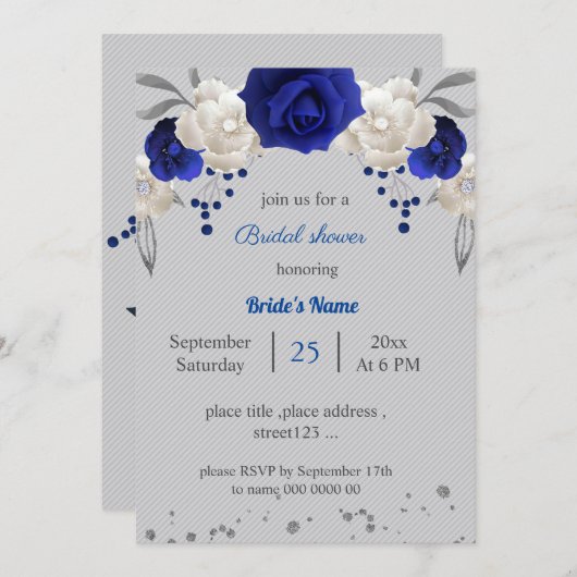 Invitation royal bleu blanc fleurs gris feuille nuptiale (Devant / Derrière)