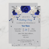 Invitation royal bleu blanc fleurs gris feuilles anniversaire (Devant / Derrière)