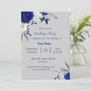 Invitation royal bleu blanc fleurs gris feuilles anniversaire