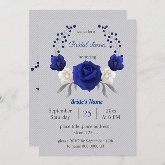 Invitation royal bleu blanc fleurs gris nuptiale (Devant / Derrière)