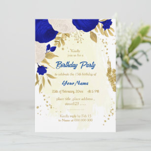 Invitation royal bleu & blanc fleurs or anniversaire