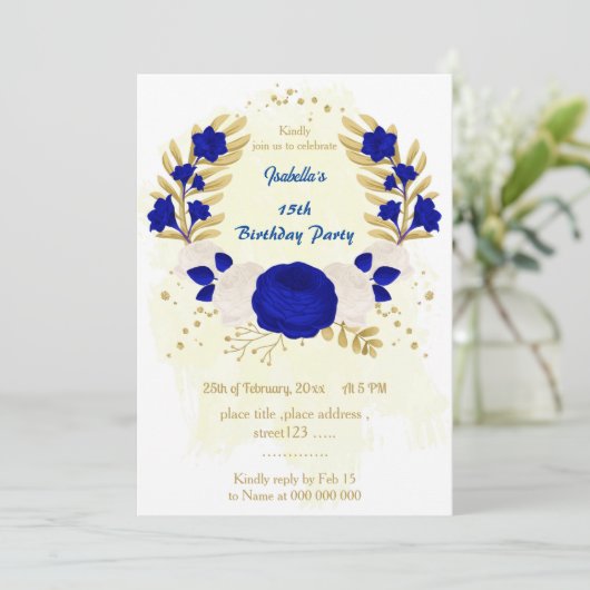 Invitation royal bleu & blanc fleurs or anniversaire (Debout devant)