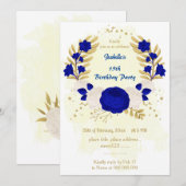 Invitation royal bleu & blanc fleurs or anniversaire (Devant / Derrière)