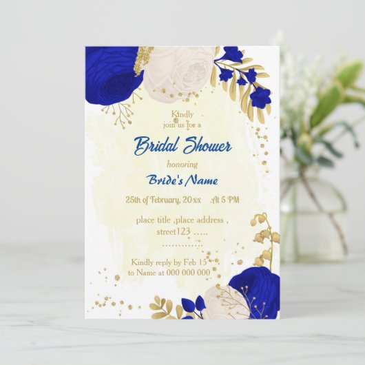 Invitation royal bleu & blanc fleurs or nuptiale douche (Debout devant)