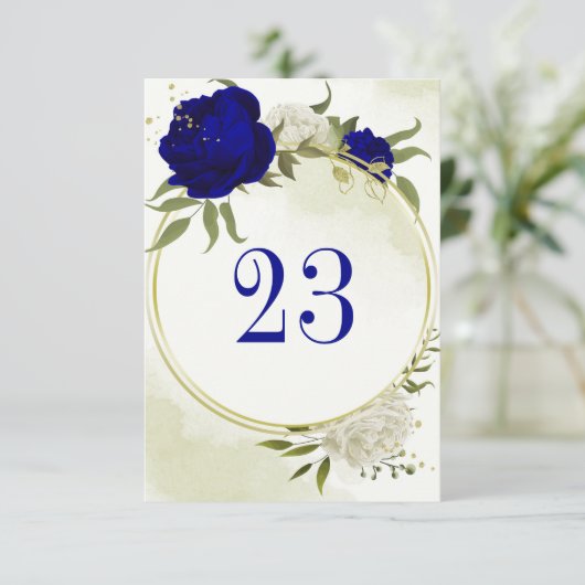 Invitation royal bleu blanc fleurs vert feuille numéro de tab (Debout devant)