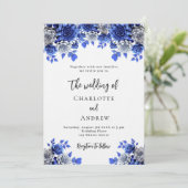 Invitation Royal bleu blanc floraux mariage de luxe (Debout devant)