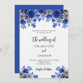 Invitation Royal bleu blanc floraux mariage de luxe (Devant / Derrière)