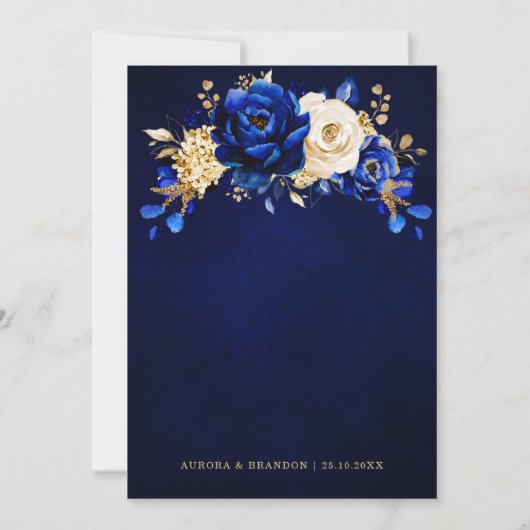 Invitation Royal Bleu Blanc Or métal Mariage floral Invi (Dos)