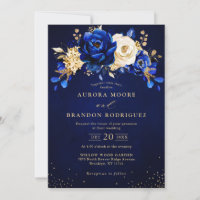 Royal Bleu Blanc Or métal Mariage floral Invi