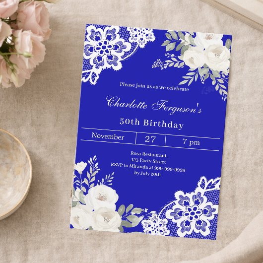 Invitation Royal bleu blanc roses dentelle anniversaire
