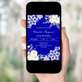 Invitation Royal bleu blanc roses dentelle anniversaire