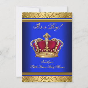 Invitation Royal Bleu Damassé Or Fête de Naissance Garçon Rég