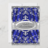 Invitation Royal Bleu Et Bijou Argent Damask Quinceanera (Devant)
