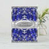 Invitation Royal Bleu Et Bijou Argent Damask Quinceanera (Debout devant)