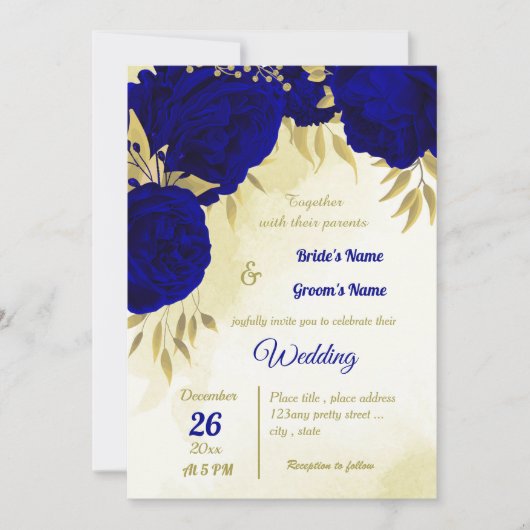 Invitation Royal bleu fleurs or feuille mariage (Devant)