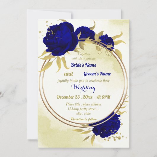 Invitation Royal bleu fleurs or feuille mariage (Devant)