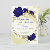 Invitation Royal bleu fleurs or feuille mariage (Debout devant)