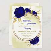 Invitation Royal bleu fleurs or feuille mariage (Devant / Derrière)