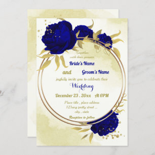 Invitation Royal bleu fleurs or feuille mariage