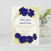 Invitation Royal bleu fleurs or feuille mariage (Debout devant)