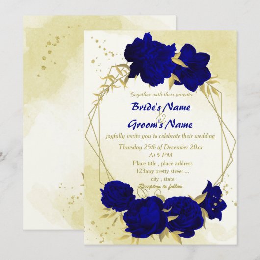 Invitation Royal bleu fleurs or feuille mariage (Devant / Derrière)