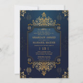Invitation Royal bleu foncé or Floral Élégant Mariage musulma (Devant)