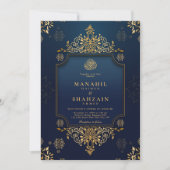 Invitation Royal bleu foncé or Floral QR Code Musulman Mariag (Devant)