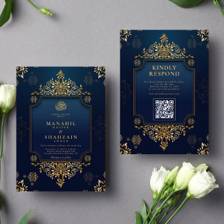 Invitation Royal bleu foncé or Floral QR Code Musulman Mariag