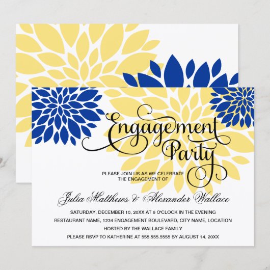 Invitation Royal Bleu Jaune Fleur Flamme Partie d'engagement (Devant / Derrière)