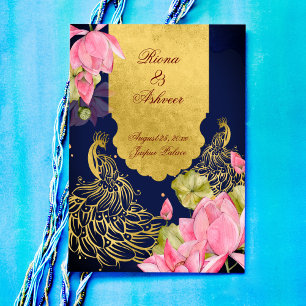 Invitation Royal bleu or paon rose lotus mariage indien