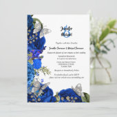 Invitation Royal bleu rose argent papillon feuillage chic (Debout devant)