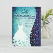 Invitation Royal bleu vintage robe damask tiara Quinceañera (Debout devant)
