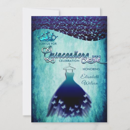 Invitation Royal bleu vintage robe damask tiara Quinceañera (Devant)