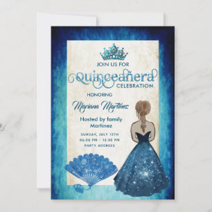 Invitation Royal bleu vintage ventilateur tiara Quince