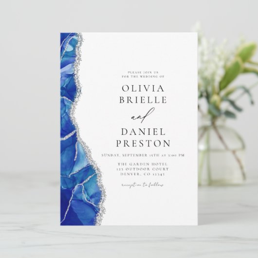 Invitation Royal Blue Agate Argent Mariage QR Code (Debout devant)