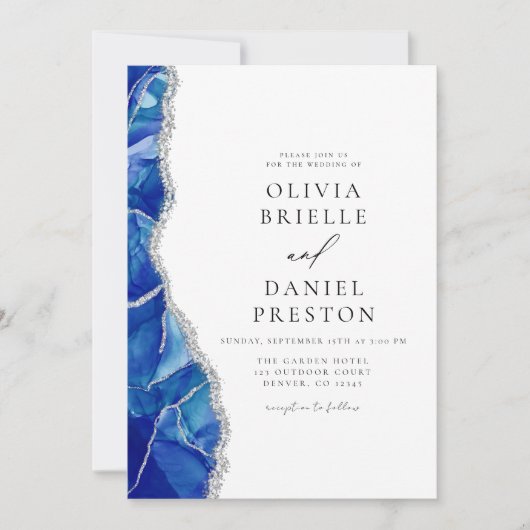 Invitation Royal Blue Agate Argent Mariage QR Code (Devant)