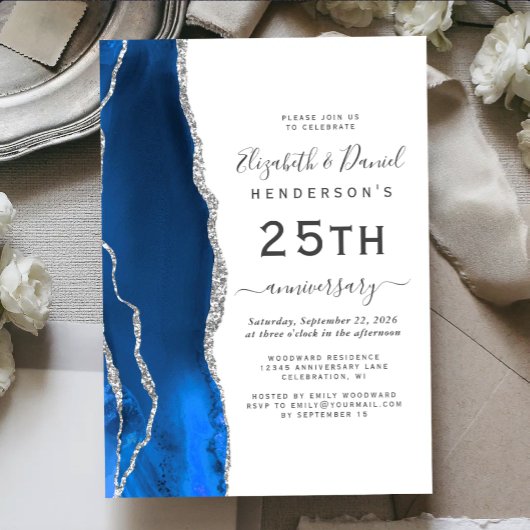 Invitation Royal Blue Agate Silver 25th Anniversary