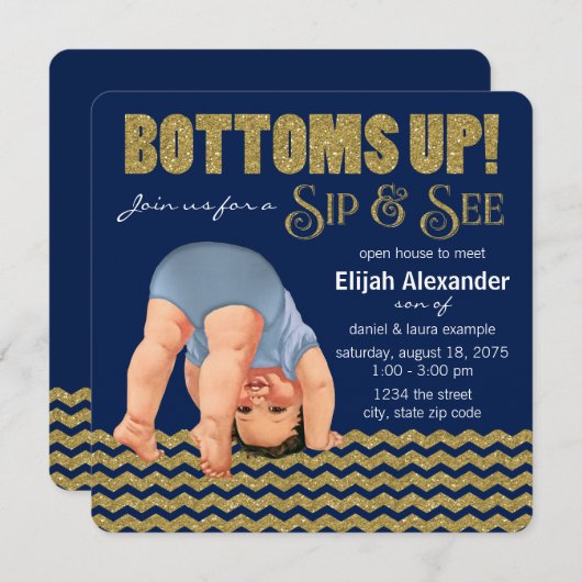 Invitation Royal Blue and Gold Boys Sip and See (Devant / Derrière)