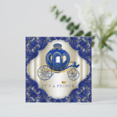 Invitation Royal Blue and Gold Carriage Prince Baby shower (Debout devant)