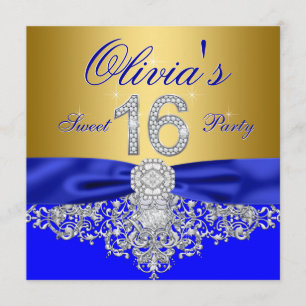 Invitation Royal Blue and Gold Diamond Sweet 16 Party