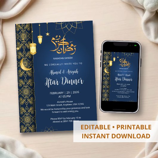 Invitation Royal Blue and Gold Islamic Floral Geometric Iftar